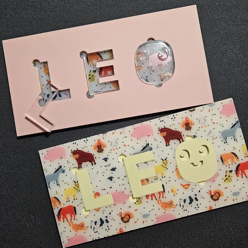 Name puzzle spelling 'LEO' made with colorful pastel acrylic sheets